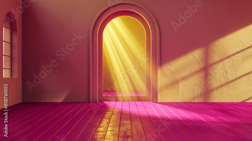 Modern 3D living room featuring a lancet arch, bright fuchsia flooring, and streaming sunlight.