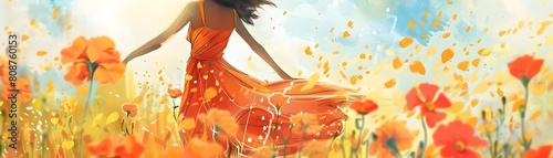 Joyful Woman Twirling in Sunlit Marigold Field Vibrant Watercolor of Feminine Grace and Nature