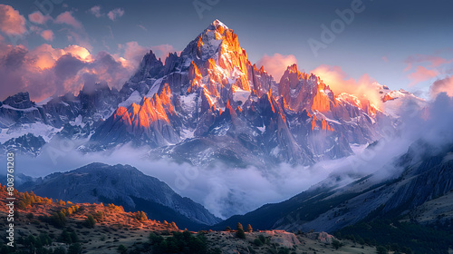 A photo featuring a snow-capped mountain range glowing in the alpenglow. Highlighting the jagged peaks and alpine glaciers, while surrounded by pristine wilderness