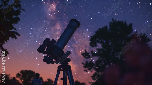 A telescope is positioned on top of a sturdy tripod, ready for stargazing in the night sky
