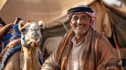 Portrait of tour guide wearing traditional clothing, standing next to reclining dromedary wearing halter and muzzle, smiling at camera with tent in background.