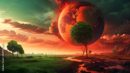 The brutal reality of climate change, with a lush, green, and prospering environment on one side and a burning planet beneath a flaming red sky on the other.