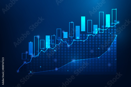 stock marketing investment chart growth on blue background. graph candlestick growth technology. vector illustration hi-tech design.