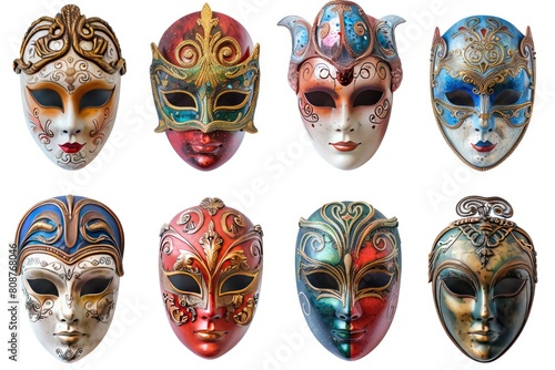 Cutout masquerade masks from a set of Venetian opera carnival masks. Generative Ai