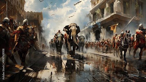 Dramatic Ancient Roman Battle Scene With Soldiers and Elephants