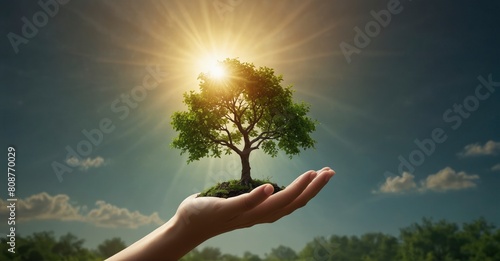 Green tree against a sunshine background symbolizing Earth Day and environmental sustainability, holding a hand for an eco-friendly ecosystem concept
