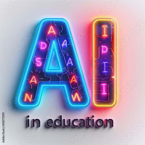 AI, IA, Inteligencia Artificial en la educación, diseño y construcción de tableros electrónicos, con luces de neón, gráfico, colores vivos, "in education", carteles personalizados, electricidad 