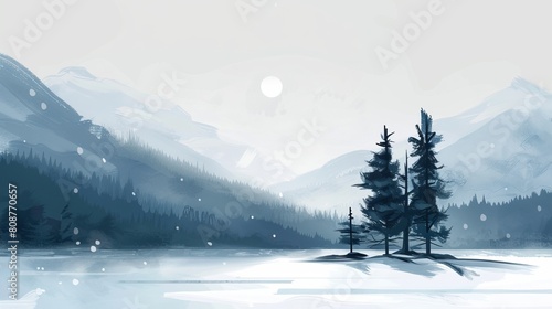 Imagine a serene winter landscape captured in a minimalist style, where simplicity and tranquility reign supreme.