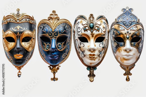 Cutout masquerade masks from a set of Venetian opera carnival masks. Generative Ai