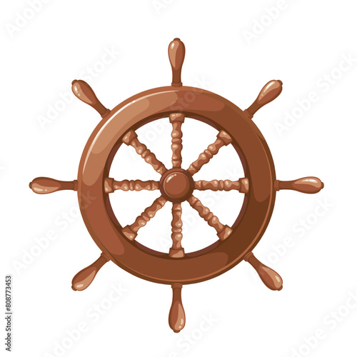 Wooden steering wheel, cartoon nautical equipment of ancient ship. Old helm with handles to steer pirate boat and cruise yacht, cartoon wheel of rudder for helmsman and captain vector illustration