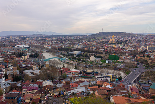 View of cable car above Tbilisi Georgia with view of Old town