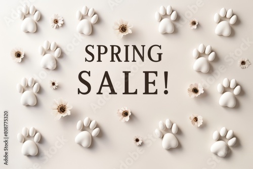"Spring Sale" text with Footprints on white background. Sale concept for petshop. AI generative