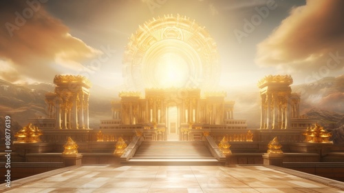 Golden beams illuminate Palace of Helios in sky