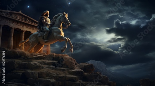 Greek hero embarks on quest majestic winged horse against celestial backdrop