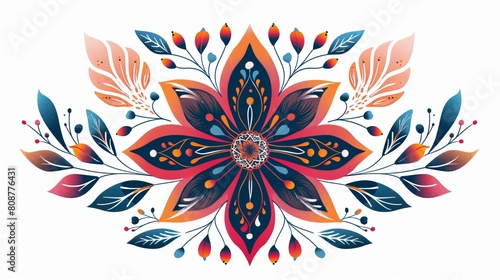Floral ornament with symmetrical patterns and line art. It's a hand-drawn design with vibrant colors that can be used on fabrics like bandanas, shawls, hijabs, and tablecloths.
