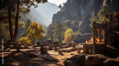 Tranquil Greek mountain sanctuary stone altars pilgrims seeking blessings