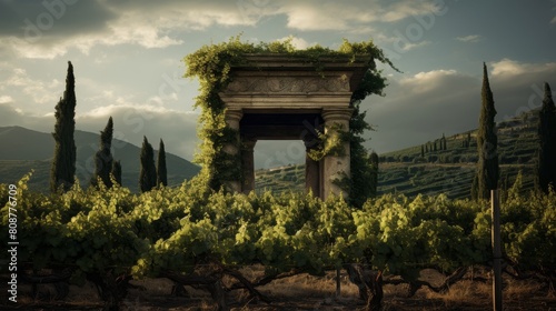 mysterious temple: cult of Dionysus initiates partake in ecstatic rituals lush vineyard