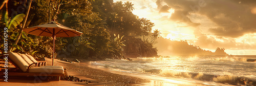 Secluded Beach at Sunset, Palm Trees and Rocky Coastline Under a Dramatic Sky, Tranquil Tropical Escape