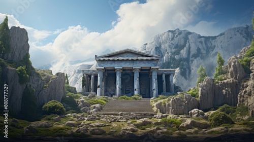 Secluded mountain temple to Zeus with towering columns and offerings