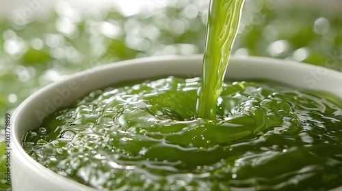  A close-up of a bowl of vibrant green liquid with a leaf protruding from its surface