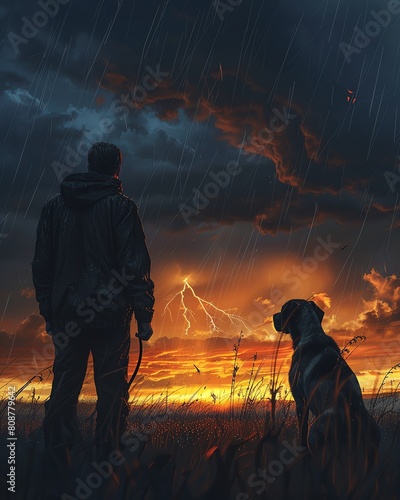 A dramatic portrait of a man and his great dane watching a storm from a safe distance, capturing the awe of nature and companionship