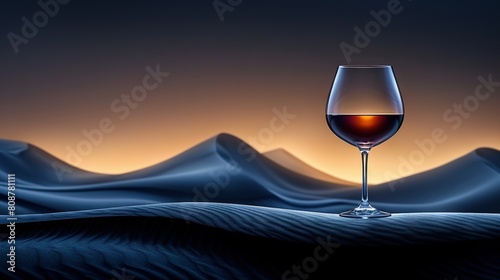  A glass of wine rests atop a table beside snow-covered mountains in the background