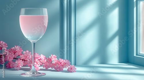  A close-up of a wine glass beside a window with pink flowers on the windowsill