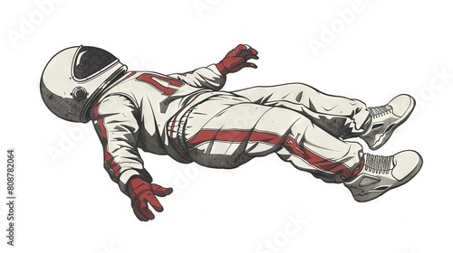  A man in a spacesuit is depicted floating in mid-air, with both sets of feet planted firmly on the ground