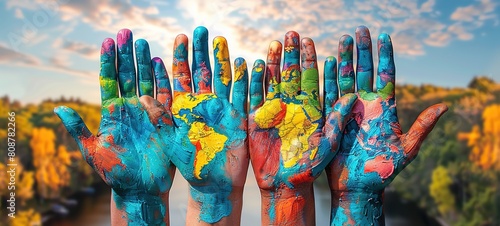 Hands of different colors painted in different ways. Colorful background. World Day for Cultural Diversity for Dialogue and Development.