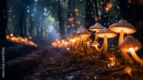 Glowing fly agaric mushroom in dark forest