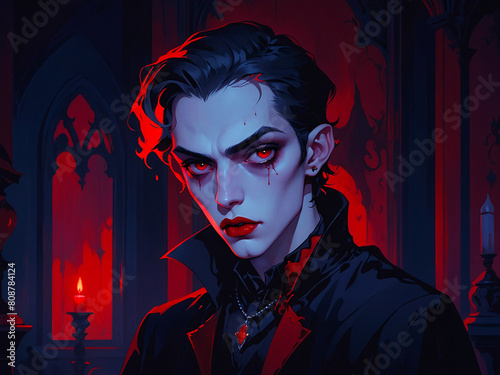 Illustration of a handsome male vampire who has red glowing eyes, AI Generative