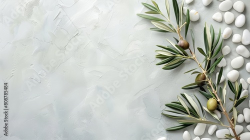 Photo of A olive branch and white pebbles on the right side, placed against a plain light grey background Web banner with copyspace in left corner