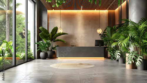 A luxurious modern office lobby blending natural elements with contemporary design