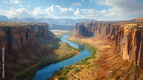 A photo featuring a rugged canyon landscape carved by winding rivers. Highlighting the sheer cliffs and winding waterways, while surrounded by desert flora and fauna
