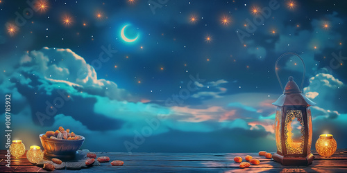 Ramadan ( Ramzan ) Banner with moon, lantern and dates 