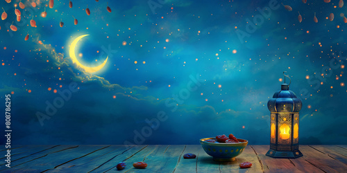 Ramadan ( Ramzan ) Banner with moon, lantern and dates 