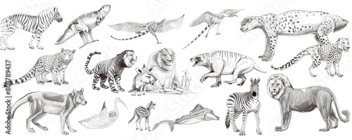 summer background featuring a variety of animals and birds, including a zebra, giraffe, and various other animals with long tails
