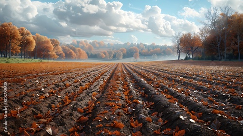 A photorealistic scene of a freshly plowed autumn field, highlighting the fertile earth with deep furrows and a mixture of soil and decomposed leaves.