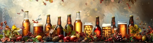 Craft beers in bottles with autumn leaves and spilled hops on a wooden table.