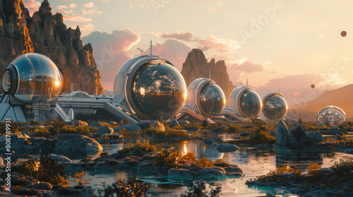 A futuristic city with many domes and a large body of water
