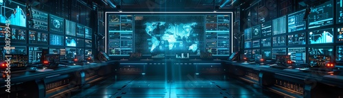 A powerful cybersecurity war room scenario with screens displaying realtime network defenses against cyber threats