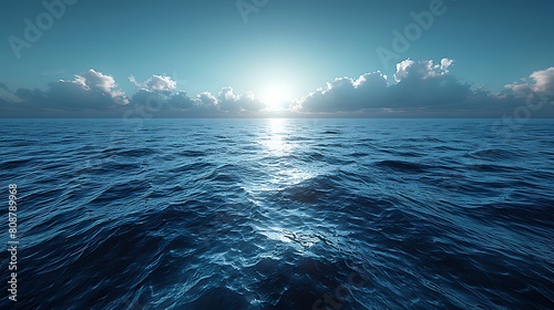 A photorealistic view of the sea under the twilight sky, with the deep blues of the ocean gradually darkening to black as the light fades, capturing the last moments of daylight.