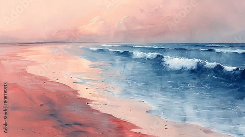 A serene seascape depicting gentle waves in a blush pink hue, softly rolling onto a sandy shore, highlighted by soft white crests that catch the morning light.