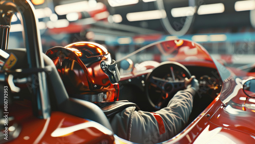 Dynamic shot of a race car driver inside a high-speed vehicle, focused on the track ahead.