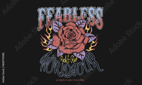 Rose vector design. Wild and free. Stay strong. Free soul. Rock and roll print design for t shirt and others. Rose fearless artwork. Music world tour.