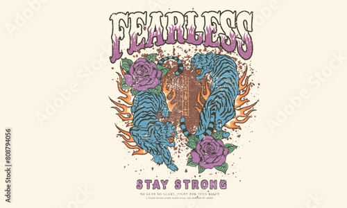 Fearless tiger print design for t shirt and others. Vintage music poster. Animal world tour print design. Hungry wild cat. Freedom spirit. Wild and free. Animal logo. Tiger design. Stay strong.