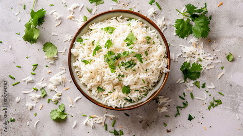 Creamy coconut rice garnished with shredded coconut and chopped cilantro in a bowl.