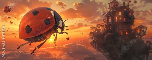 summer background with ladybug and castle in the sky