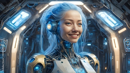 a robotic woman, robotic parts, wires and electronics and circuits visible beneath translucent blue fiber skin