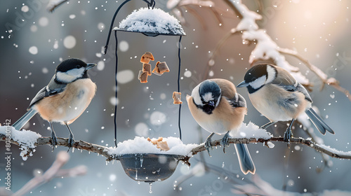 Birds great tits on the snowy winter birds feeder 